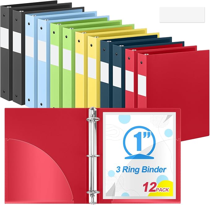 Henoyso 1 Inch 3 Ring Colored Binders Soft Flexible, 8.5'' x 11'' Plastic Floppy Binders Bendable with 2 Pockets, Colorful Binder Bulk for School Office Business ，12 Pack (Assorted Color)