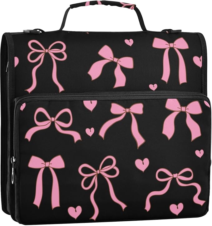 Bows Hearts Pink Black Zipper Binder with Shoulder Strap Trapper Keeper 3 Ring Binder Organizer Large Capacity Multiple Compartments for School Office