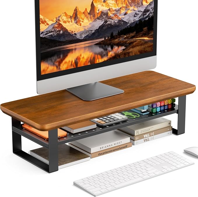 Monitor Stand Riser, 24 Inch Computer Monitor Stand for Desk, 2-Tier Wood Desk Shelf Organizer with Storage, Desktop Stand for Laptop/Screen/PC/Printer, Ergonomic Home Office Monitor Stand