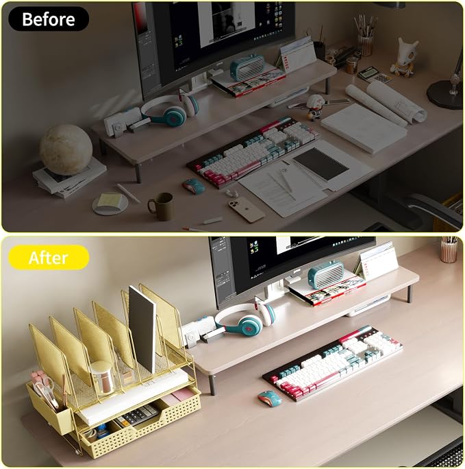 LEKETREE Gold Desk Organizer, Office Organization with Vertical File Holder, File Organizer with Drawer and Pen Holder, Desk Accessories and Workspace Organizers for Home Office (Gold)