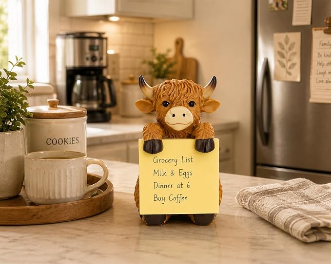 Highland Cow Pop-Up Sticky Note Dispenser for 3 x 3 in Notes, Brown | Includes 100 sheets, handmade resin desk decor for office, home or classroom, gift for teachers, coworkers and cow lovers