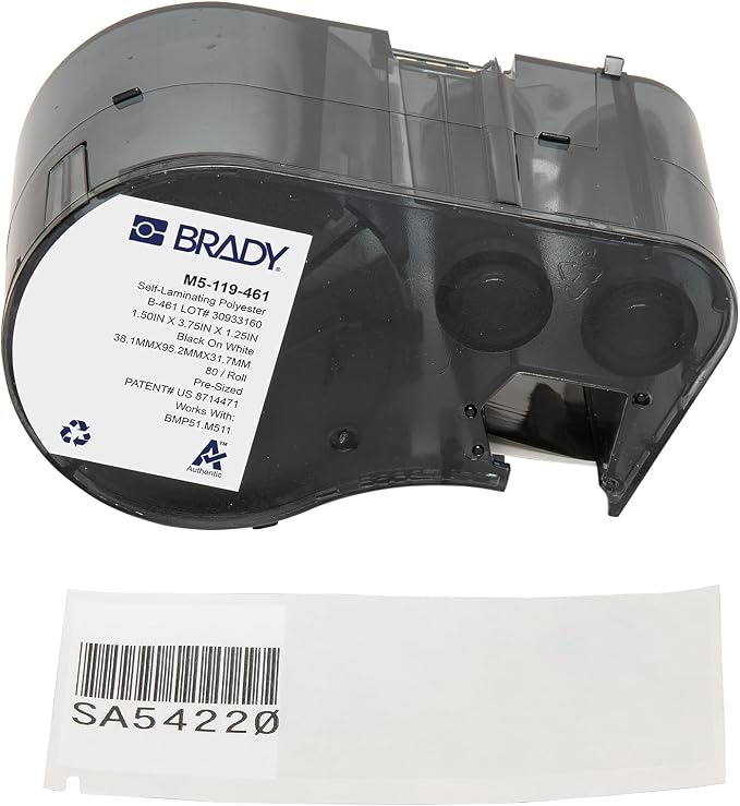 Brady Authentic (M5-119-461) Self-Laminating Cryogenic Polyester Labels 1.5" H x 3.75" W Black on White, Clear, 80 Labels. for use with The BMP51 and M511 Label Printers