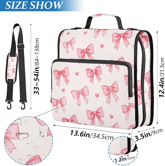 3 Ring Zipper Binder with Shoulder Strap Pink Bows Red 2 Inch Zippered Binder Bag 500 Sheet Capacity Multi Pockets for School Supplies