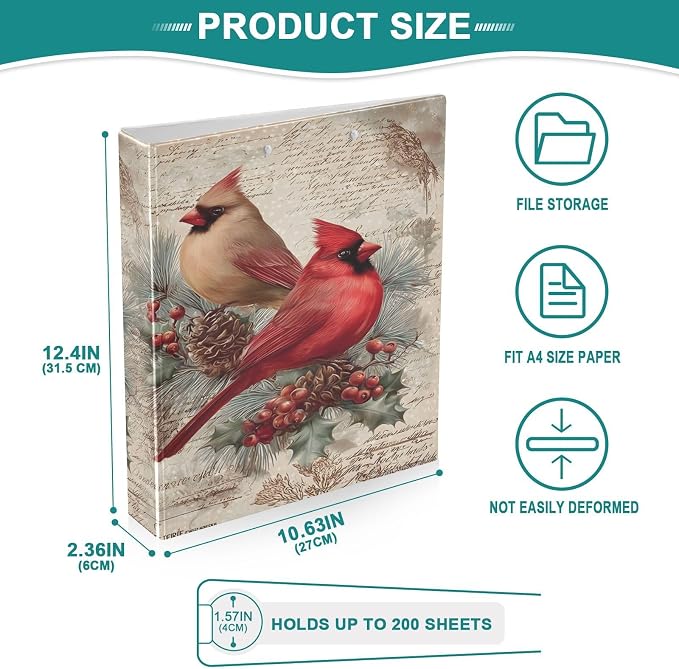 3 Ring Binder Cardinals Bird Pine Cone Christmas 1.5 inch Binders Three Ring Binders with Clipboard Fit 8.5'' x 11'' Paper 3 Interior PVC Clear Pockets for Office Supplies