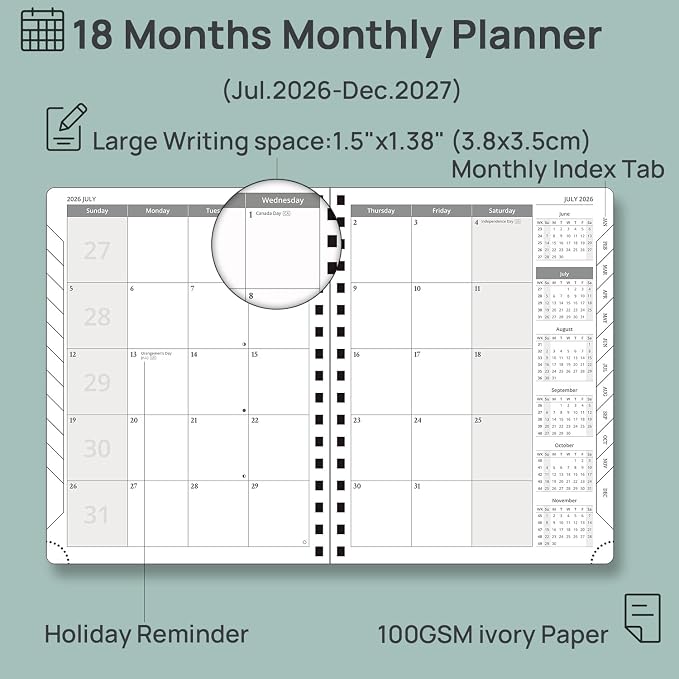 POPRUN 2026-2027 Monthly Planner, 6.5" x 8.5" Agenda, 18 Month Calendar