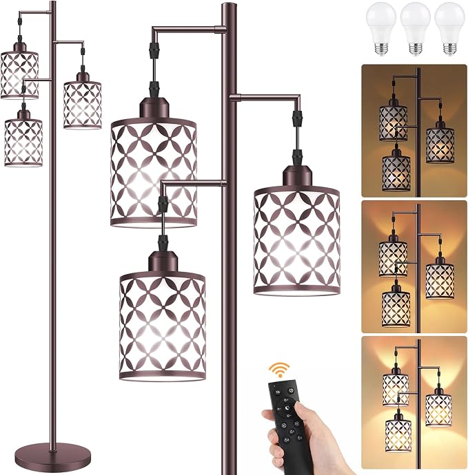 Dimmable Floor Lamp, Farmhouse Standing Lamp with Elegant Metal Cage, Industrial Tall Tree Floor Lamps for Living Room Bedroom Study Office with Remote & 3 x 1100LM 12W LED Bulbs, 72" Brown