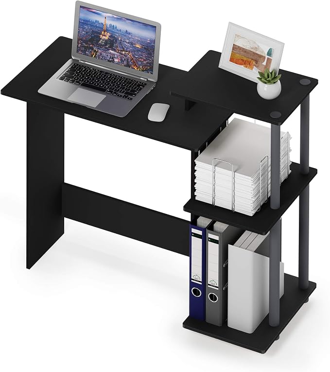 Furinno EFFICIENT Desk, 28.6" Wide Gaming Desk with 3 Open Side Shelves, Laptop Notebook Computer Desk, Office Desk for Home Office, Study Room, Dorm, Bedroom, Black