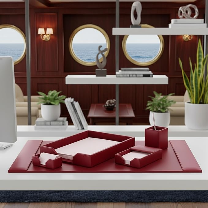 DACASSO Bonded Leather Desk Set - Luxury Leather Desk Pad & Desk Organization Essentials (Burgundy, 5 Piece)