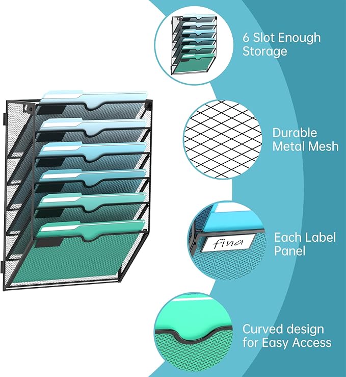 6-Tier Wall File Organizer, Wall Mounted Mail Sorter, 2 Pack | Metal Mesh Hanging File Organizer with Open Compartments and Label Panels for Papers and Folders at Home, Office or School