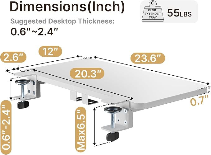 Desk Extender Tray, 24" x 12", with Laptop Holder, Medium, White | Desk Extension, Clamp on Desk Shelf, Clamp On Keyboard Tray for Office and Home, Workstation Organizer