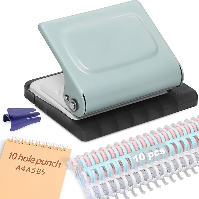 10 Hole Punch Binding Machine for Planners with 10 Multi-Color Binder Rings | 30 Holes on A4, 20 Holes on A5, 26 Holes on B5, 10 Sheet Capacity (Pale Blue)