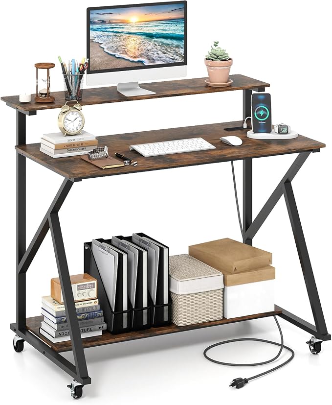 Giantex Rolling Computer Desk with Charging Station, Mobile Portable Laptop Desk with Monitor Stand & Storage Shelf, Small Desk with Lockable Wheels for Small Spaces, Home Office (Rustic Brown)