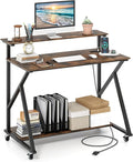 Giantex Rolling Computer Desk with Charging Station, Mobile Portable Laptop Desk with Monitor Stand & Storage Shelf, Small Desk with Lockable Wheels for Small Spaces, Home Office (Rustic Brown)