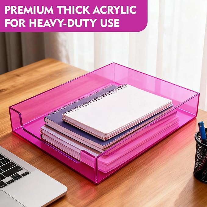 Paper Tray Acrylic File Organizer for Desk Letter Tray Desk Organizer Document Holder Sorter Storage for A4 Office Supplies Magazines, 13.8x10.6x2.4 Inches, Bright Purple