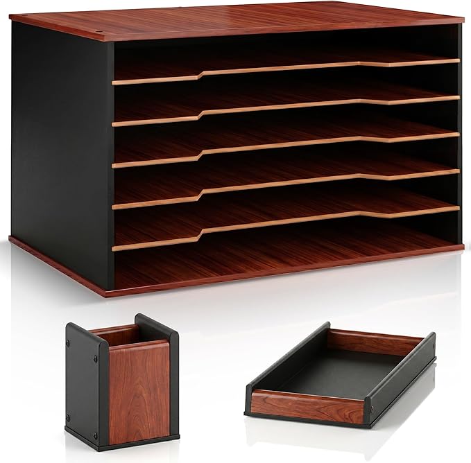 Wooden Paper Organizer 20.25"W x 12.25"H x 13.25"D, 6-Tier Storage for 12"x18" & 11"x17" Sheets, Includes Matching Pen Holder & Tray, Ideal for Office, Home, Art Room and Classroom