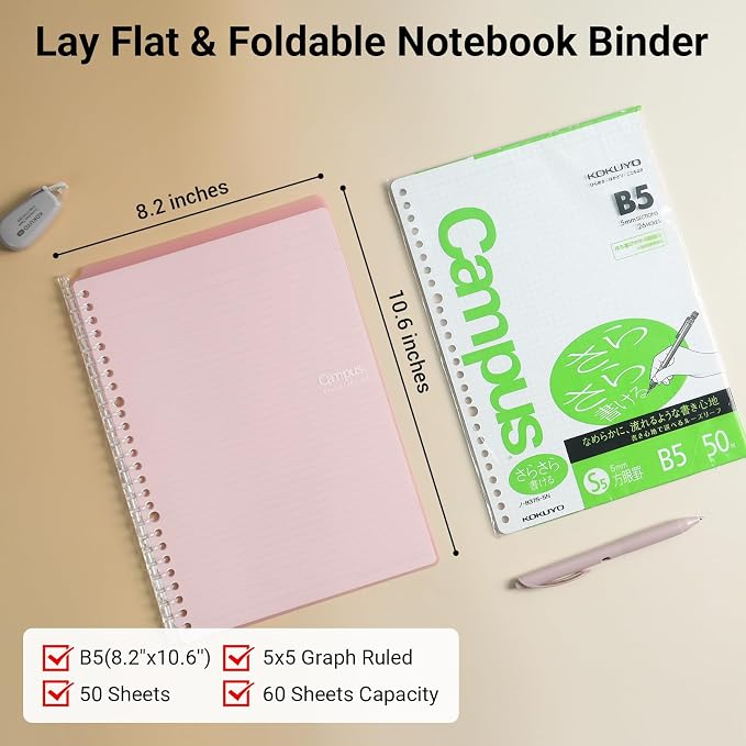 KOKUYO Smart Ring Binder Notebooks, Pink B5 Refillable Notebook, 20 Sheets Each, Plus Extra 50 Sheets 5x5 Graph Loose Leaf Papers, 60 Sheet Capacity, Perfect for School & Work
