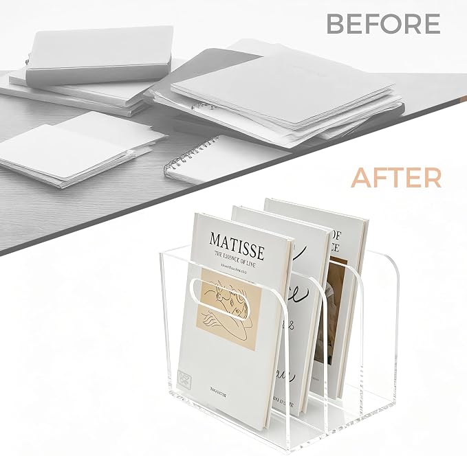 Lovemolly 3-Slot Clear Acrylic Magazine File Holder, Vertical Desk Organizer with Handle – No-Assembly Document Sorter for Office & Home, 7.48 x 6.69 x 6.3 in