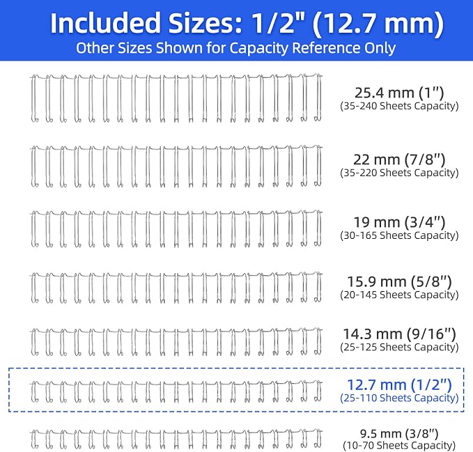 RAYSON Binding Wire Spines, 1/2 Inch, 21 Holes, 2:1 Pitch Double Loop Binding Wires Capacity 110 Sheets, Letter Size Silver Binding Spiral Pack of 100