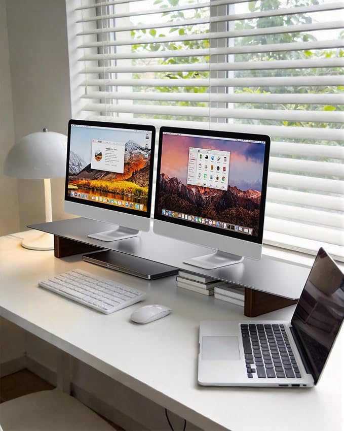 Aluminum Dual Monitor Stand Riser, Ergonomic Desktop Shelf with Wooden Legs - 42.5” Wide Heavy Duty Computer Stand for Home Office, Desktop Monitor Riser for PC, iMac, MacBook, Laptop