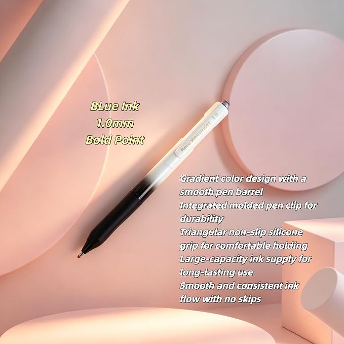 Fengtaiyuan Retractable Gel Pens, 1.0mm Bold Point Quick Dry True Blue Ink, 6 Pack, Gradient Black-White Barrel with Ergonomic Non-Slip Grip, Smooth Writing for Color Coding Grading Office School