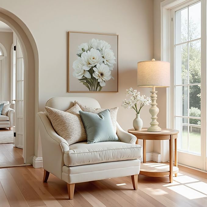 BOBOMOMO 27" Antique White Table Lamps Set of 2, Large Vintage Resin Lamps with Linen Shades, Farmhouse White Lamps for Bedroom, Living Room, or Console Table Elegant Home Décor