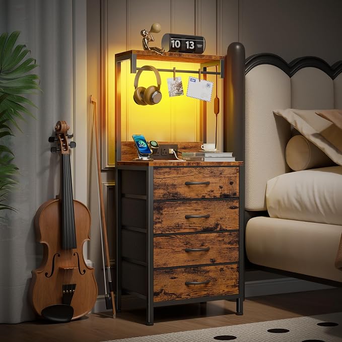Night Stand Set 2, 38" Tall Bedside Table with Charging Station | RGB LED Lights, Storage Wood Shelves & 4 Fabric Drawers, Metal Frame, Easy Assembly for Bedroom Dorm Hallway