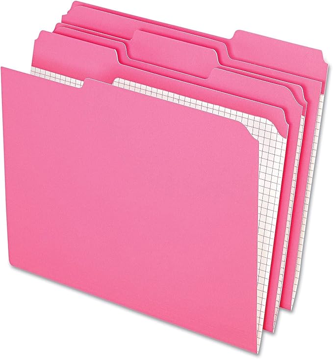 Pendaflex Colored File Folders, Letter Size, 1/3 Cut Tab, Pink | Reverse any folder and the printed interior grid becomes a writing panel. Reinforced tabs, 100 per box, made in the USA.