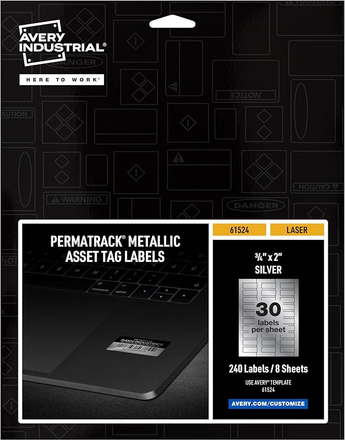 Avery Metallic Asset Tag Labels, 3/4 x 2, Laser Printable Tags, 240 Waterproof Labels (61524)