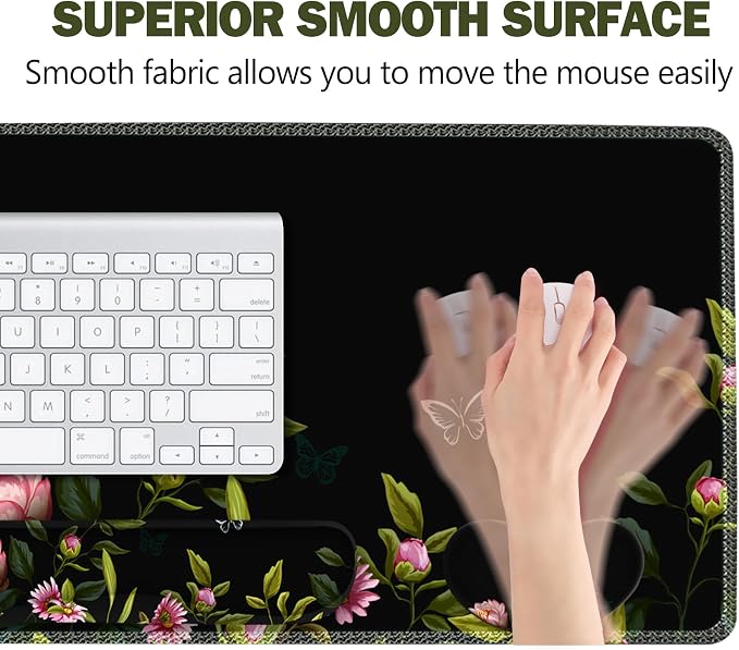 Gaming Mouse Pad Wrist Support Set, XXL Large Desk Mat Mousepad + Keyboard Wrist Support+ Mouse Wrist Rest+Coaster 4in1 Ergonomic, Stitched Edge for Home Office -Flowers and Butterflies