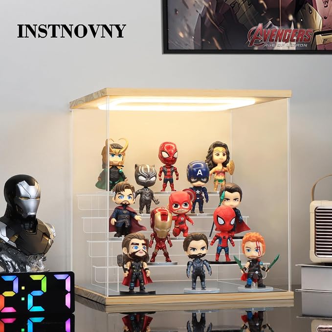 Clear Acrylic Display Case with Light 5 Tier Display Storage Box Assembly Dustproof Showcase for Collectibles Action Figures(Wood, 12.0*10.8*12.5inch)