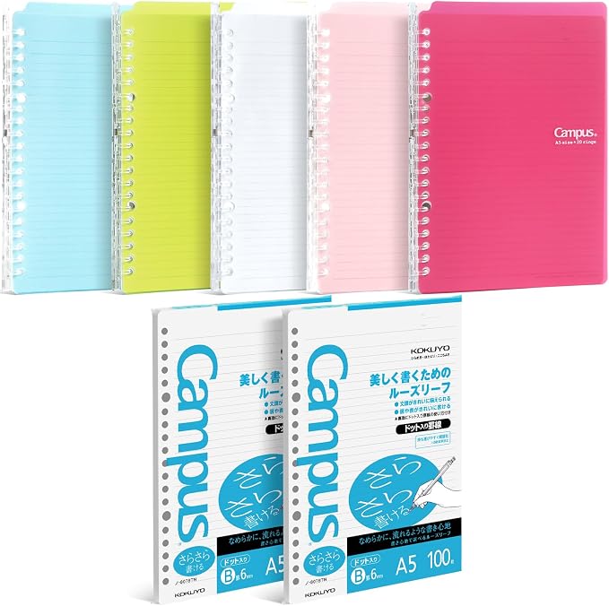 Kokuyo Campus Smart Ring Binders 5 Pack, A5 Binder Notebooks in 5 Colors, Up to 25 Sheets 20 Holes Slim Binder Folder and 200 Campus Sarasara Loose-leaf Paper for Work, Study and Journal