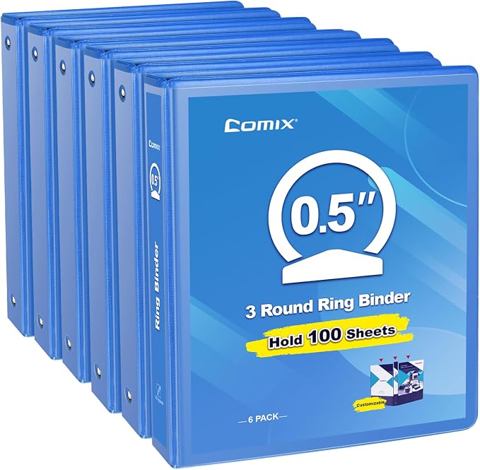 COMIX Sturdy 0.5 Inch 3 Ring Binder with Clear View Cover | 0.5"Heavy Duty Round Ring,PVC-Free Board,Holds 100 Letter Sheets,Wholesale for Offices & Classrooms,6 Pack (Light Blue)