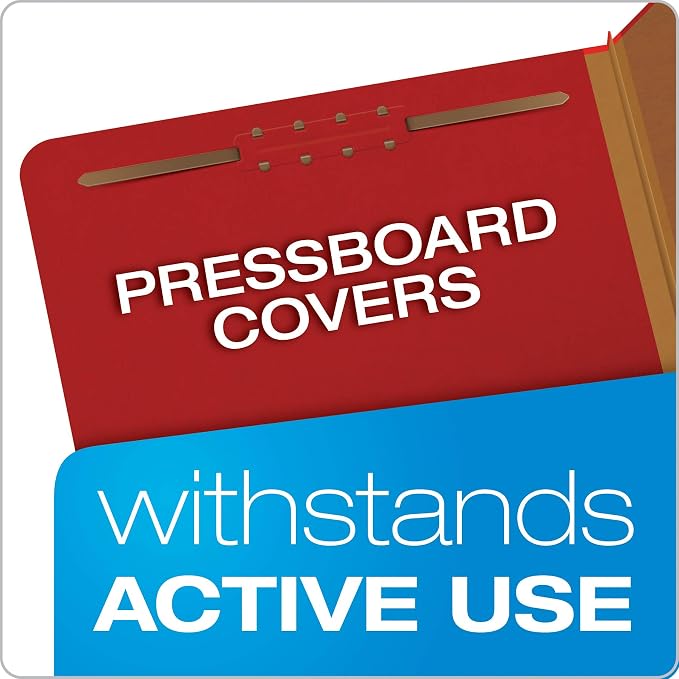 Pendaflex Pressboard Classification File Folders, 3 Dividers, 2" Embedded Fasteners, 2/5 Tab Cut, Letter Size, Bright Red, Box of 10