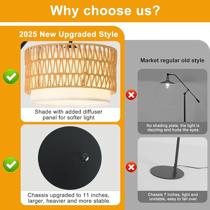 Rustic Black Farmhouse Floor Lamp with Woven Rattan Shade - 12W LED, Remote & Dimmable 3-Color Temp, Tall Standing Lamp for Living Room