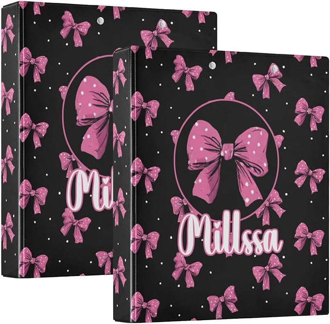Bows 3 Ring Binder with Clipboard Round Ring Binders Pink Polka Dot Name Custom Binder 3 Interior Clear Pockets for Office Supplies 1 Pack