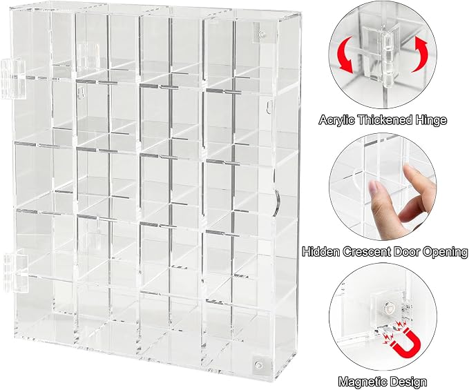 Adjustable Acrylic Rock Display Case Shadow Box with Shelves | Clear Storage Organizer for Mini Pop Figure, Collectibles, Mineral Crystal, Stones, Wall Mountable, with Mirrored & Lid