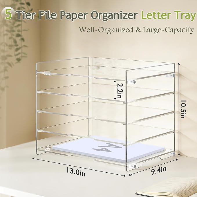 KKU 5 Tier Clear Acrylic Desk Organizer, Letter Tray Paper File Desk Organizer and Accessories For Office Supplies