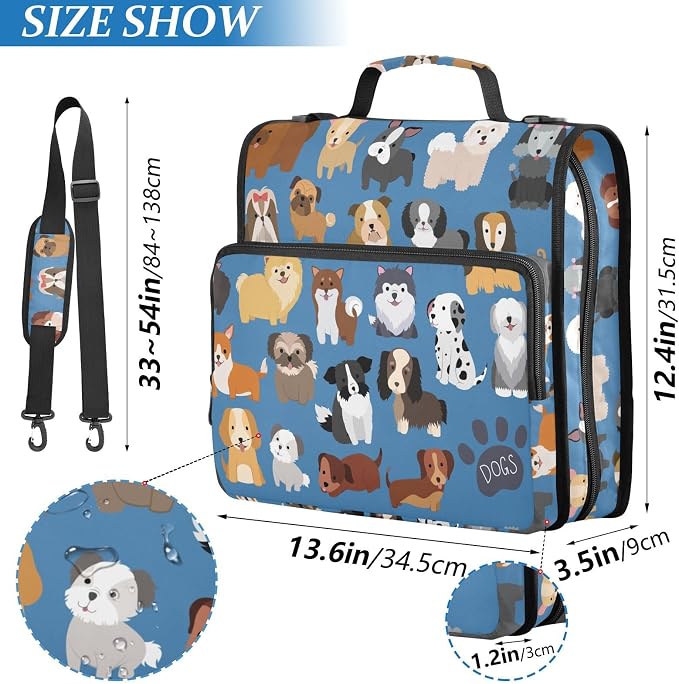 Dogs Cute Blue Print Zipper Binder Bag 3 Ring with Shoulder Strap & Handle Multi Pocket Binder Organizer Bag Large Capacity for School Office Supplies