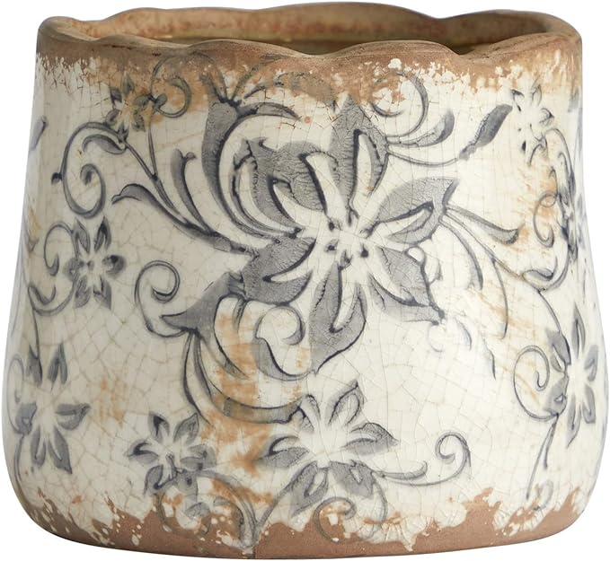 Nearly Natural 4.5in. Tuscan Ceramic Gray Scroll Planter, White | Rustic-Style Floral Pattern, Quality Ceramic, Country Chic Tabletop Accent, Indoor Decorative Use Case