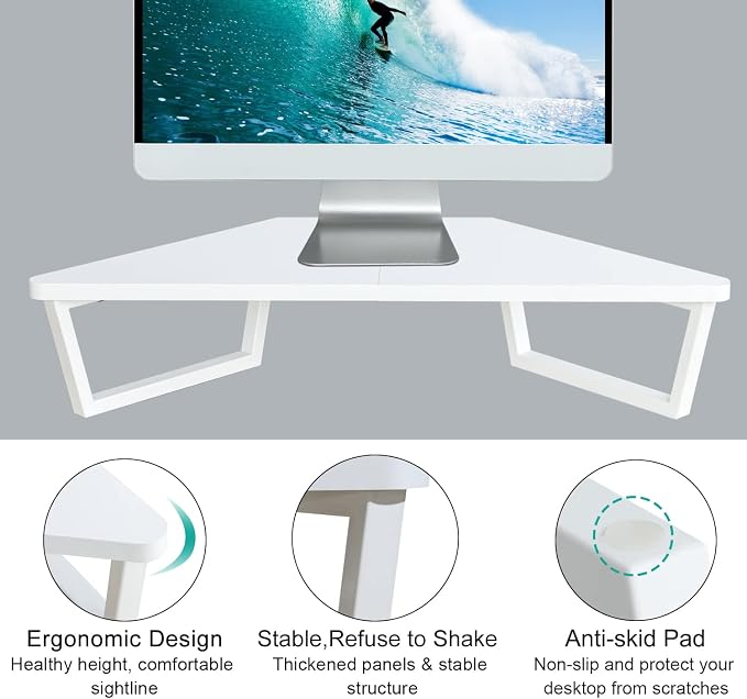TEAMIX 26 inch White Triangle Monitor Stand Riser, Desktop Corner Shelf with Metal Leg Wood Computer Stand with Storage Laptop Riser Office Organization | Triangle Monitor Stand, Wood & Metal Computer Stand, Laptop Riser, Desktop Organizer, for L Shape...
