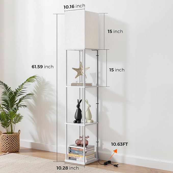 Floor Lamp with Shelves, 3-Tier Modern Square Bookshelf Standing Lamp White | 3 Color Temperature Bulb Included, Pull Chain Tall Lamp for Living Room Bedroom Corner Office Apartment Decor