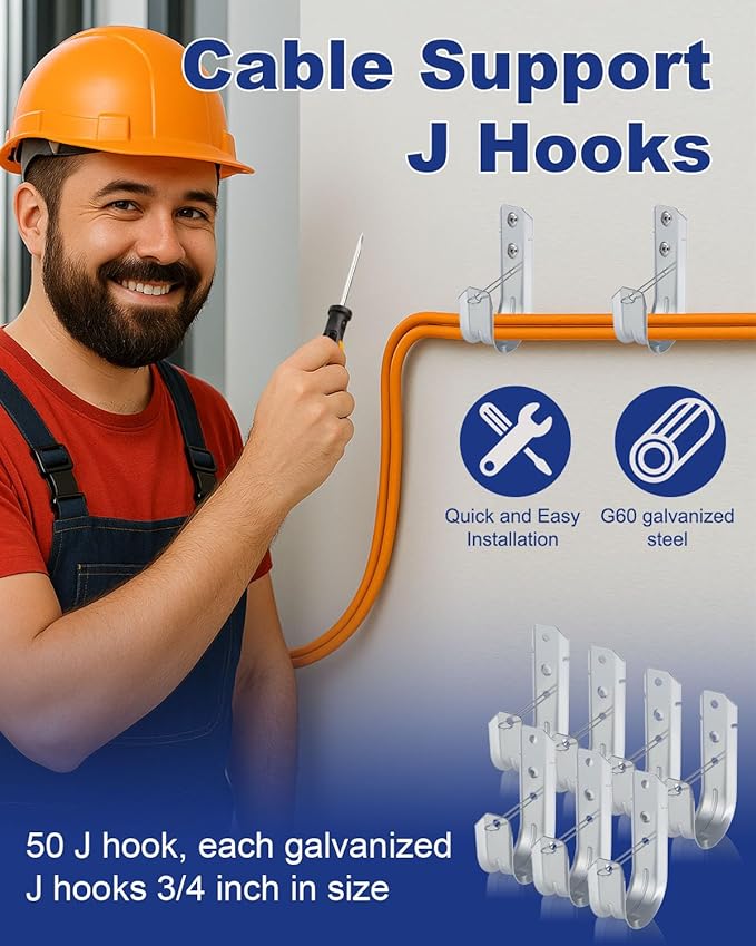 AOKLIT 100 Pcs 2" Galvanized Steel J-Hooks, Heavy Duty Wall Mount Cable Support J Hook with Retainer Clip for Cable Management