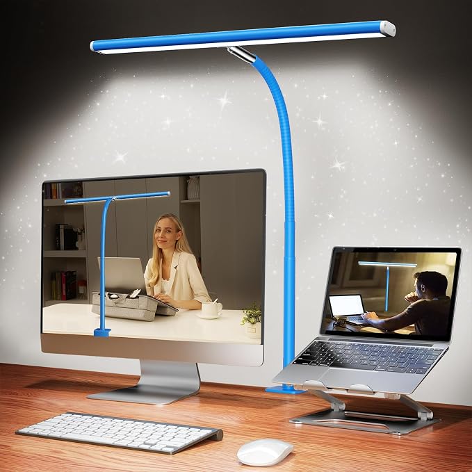 Airlonv LED Desk Lamp with Clamp, 17" Stepless Dimming Light, Blue | 2700K-6500K, 100 LEDs, 360° Gooseneck, Fits Up to 30" Monitors, Flicker-Free Lighting for Home Office, Study& Workbench