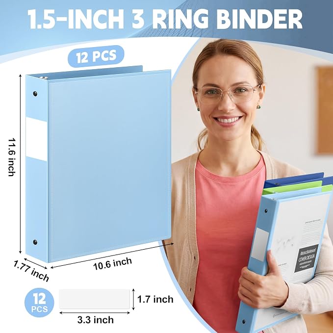 Henoyso 1.5 Inch 3 Ring Binders with Clear Front Cover and 2 Pockets, Round Ring Binders Fits 8.5'' x 11'' Letter Size Paper for School Office Supplies, 12 Pack (Assorted Fresh Color)