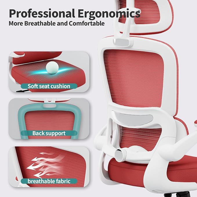 TRALT Office Chair Ergonomic Desk Chair - Gaming Chair with Lumbar Support | 330 LBS Home Office Desk Chairs with Headrest, Reading Chair with Flip-up Armrests, Comfortable Computer Chairs (1, Red)