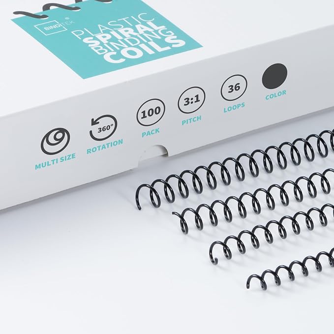 Binditek Plastic Spiral Binding Coils, Multi Size 3:1 Pitch, Black 100 Pack | 4 Different Sizes (6mm, 8mm, 10mm, 12mm)(1/4", 5/16", 3/8", 1/2"), 36 Loops, for Letter-Size School and Office Projects
