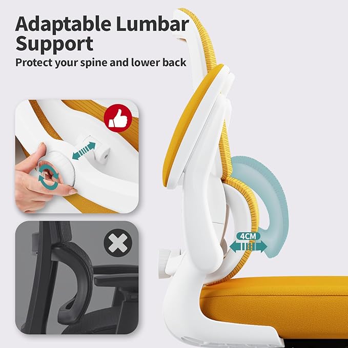 TRALT Office Chair - Ergonomic Desk Chair with Adjustable Lumbar Support, Mesh Computer Chair, Executive Chair for Home Office Comfortable Lumbar Support (1, White Yellow)