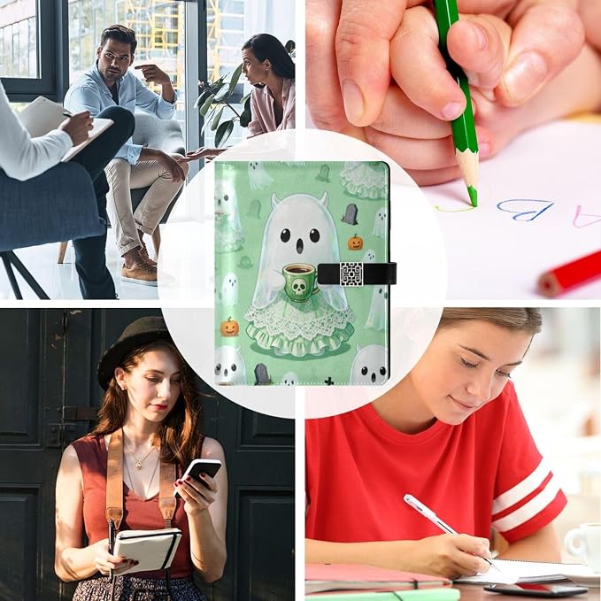 Halloween Ghost Tea Party A5 Binder 6 Ring Refillable PU Leather Notebook Journal with Magnetic Buckle Closure Loose Leaf Travel Office Planner Budget Binder Notepad Portfolio, Cute
