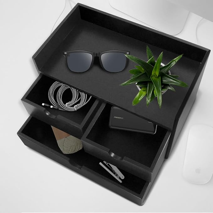 Charmewooden Bamboo Desk Organizer 3 Drawer with Shelf, Countertop Organizer with Drawers Makeup Storage Drawer 3 Drawers Tabletop Storage Organization Box Home Office Workspace（Black）