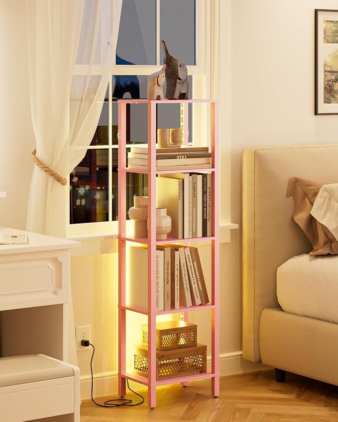 Open Book Shelf with LED Lights, 5 Tier Tall Bookshelf, Freestanding Shelf Narrow Bookcase with Open Shelves, 14.96" x 10.63" x 53.54", Book Shelves for Living Room, Office, Study, Pink